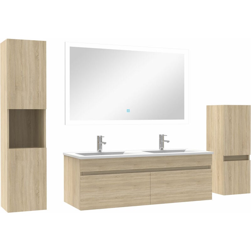 Ensemble meuble vasque 120cm et colonne de rangement et miroir lumineux Chêne Wotan
