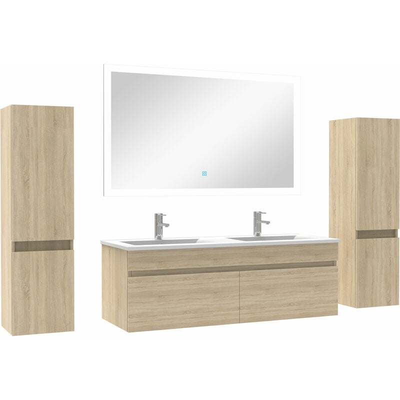 Ensemble meuble double vasque L.120cm avec colonne + miroir Chêne Wotan