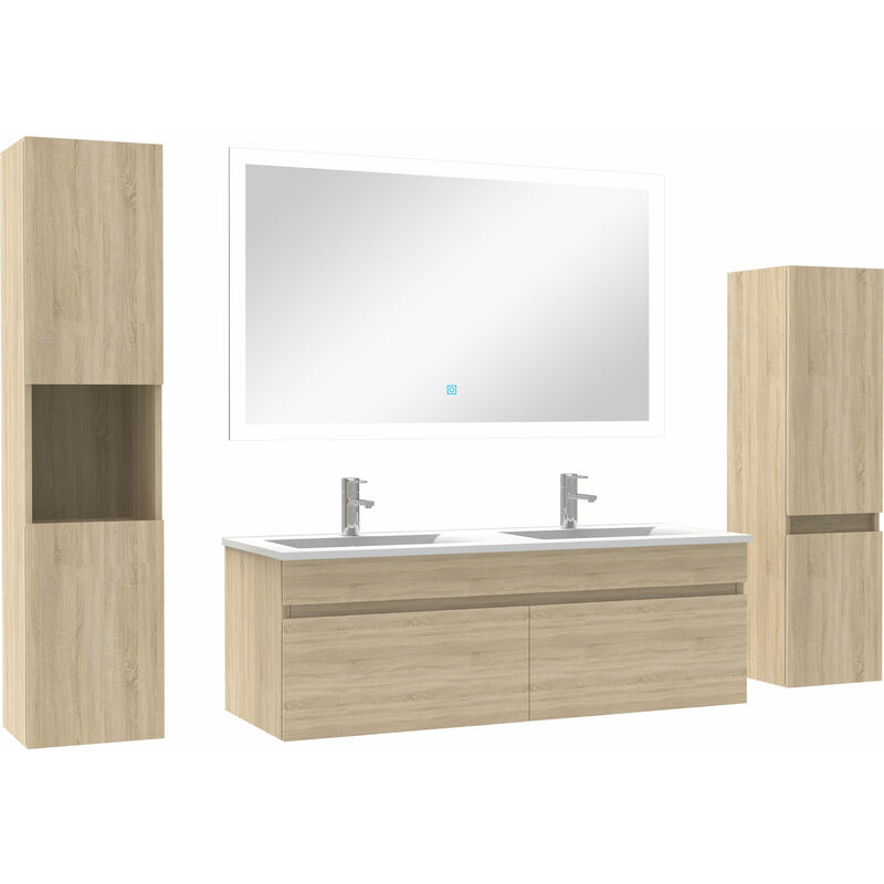 Ensemble meuble vasque 120cm + colonne de rangement + miroir lumineux Chêne Wotan