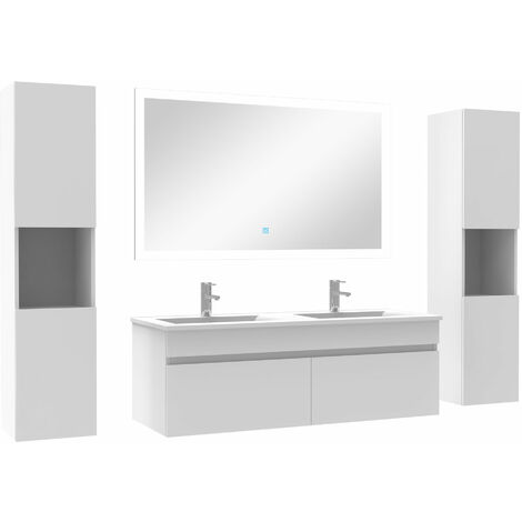 Ensemble meuble de salle de bain 120cm double vasque + colonne de rangement + miroir lumineux