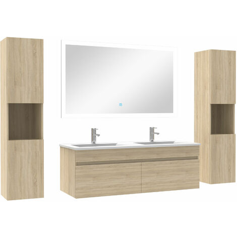 Ensemble meuble de salle de bain 120cm double vasque + colonne de rangement + miroir lumineux Chêne Wotan