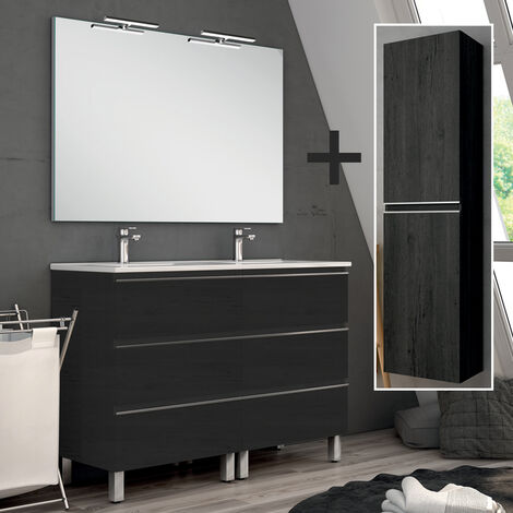 Ensemble meuble de salle de bain 120cm double vasque + colonne de rangement - PALMA - Ebony (bois noir)