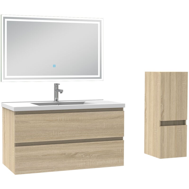 Biubiubath - Ensemble meuble de salle de bain 100cm, vasque céramique + colonne bas + led miroir rectangulaire, chêne