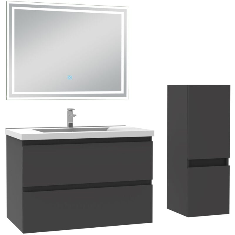 Biubiubath - Ensemble meuble de salle de bain 80cm, vasque céramique + colonne bas + led miroir rectangulaire, anthracite