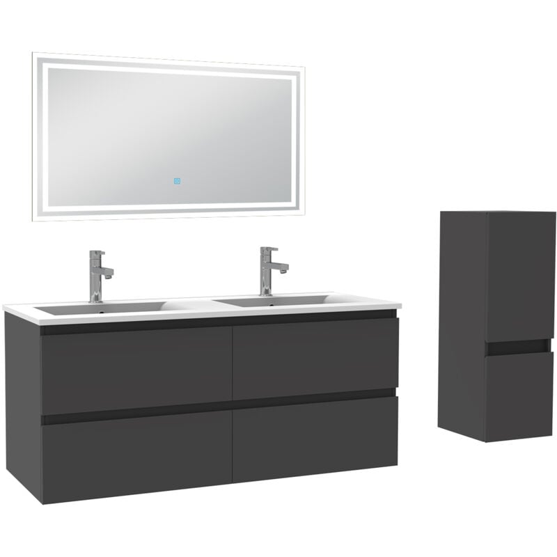 Biubiubath - Ensemble meuble de salle de bain 120cm, vasque céramique + colonne bas + led miroir rectangulaire, anthracite