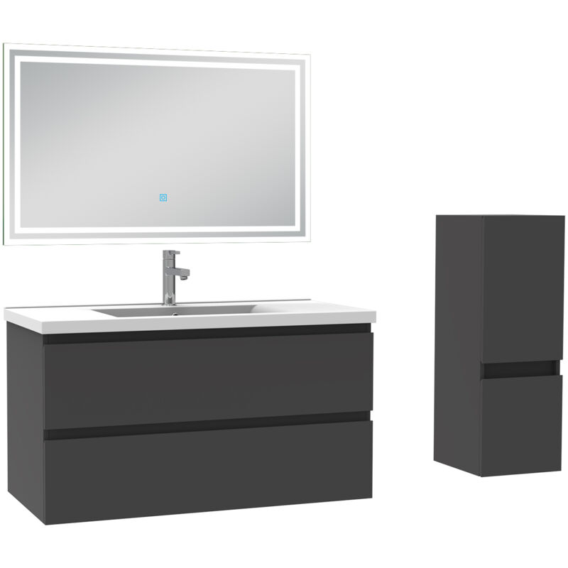 Biubiubath - Ensemble meuble de salle de bain 100cm, vasque céramique + colonne bas + led miroir rectangulaire, anthracite