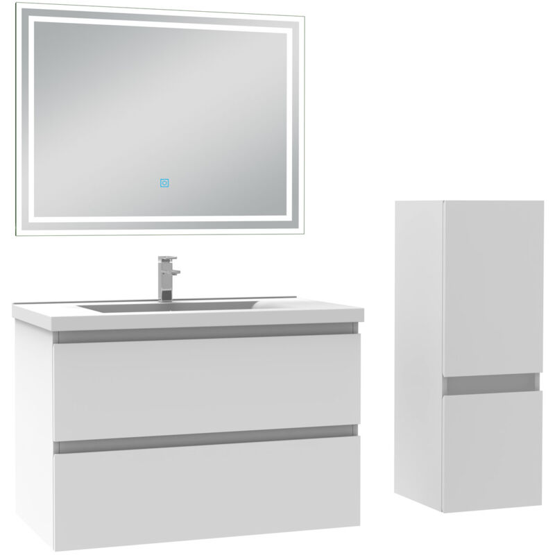 Biubiubath - Ensemble meuble de salle de bain 80cm, vasque céramique + colonne bas + led miroir rectangulaire, blanc