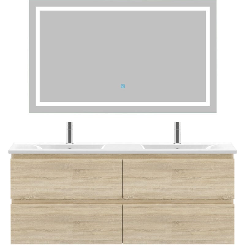 Biubiubath - Ensemble meuble de salle de bain 120cm, vasque céramique et led miroir, chêne