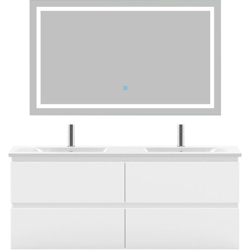 Biubiubath - Ensemble meuble de salle de bain 120cm, vasque céramique et led miroir, blanc