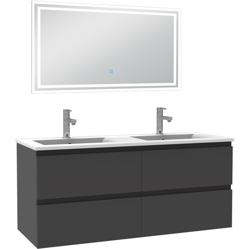 Biubiubath - Ensemble meuble de salle de bain 120cm, vasque céramique et led miroir mural, anthracite