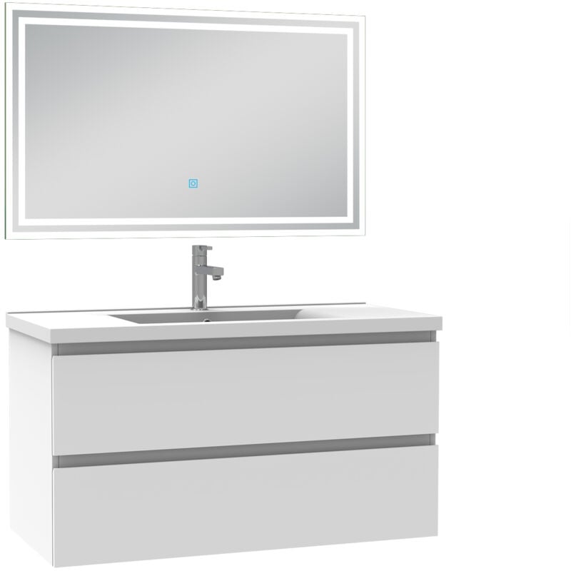 Biubiubath - Ensemble meuble de salle de bain 100cm, vasque céramique et led miroir mural, blanc