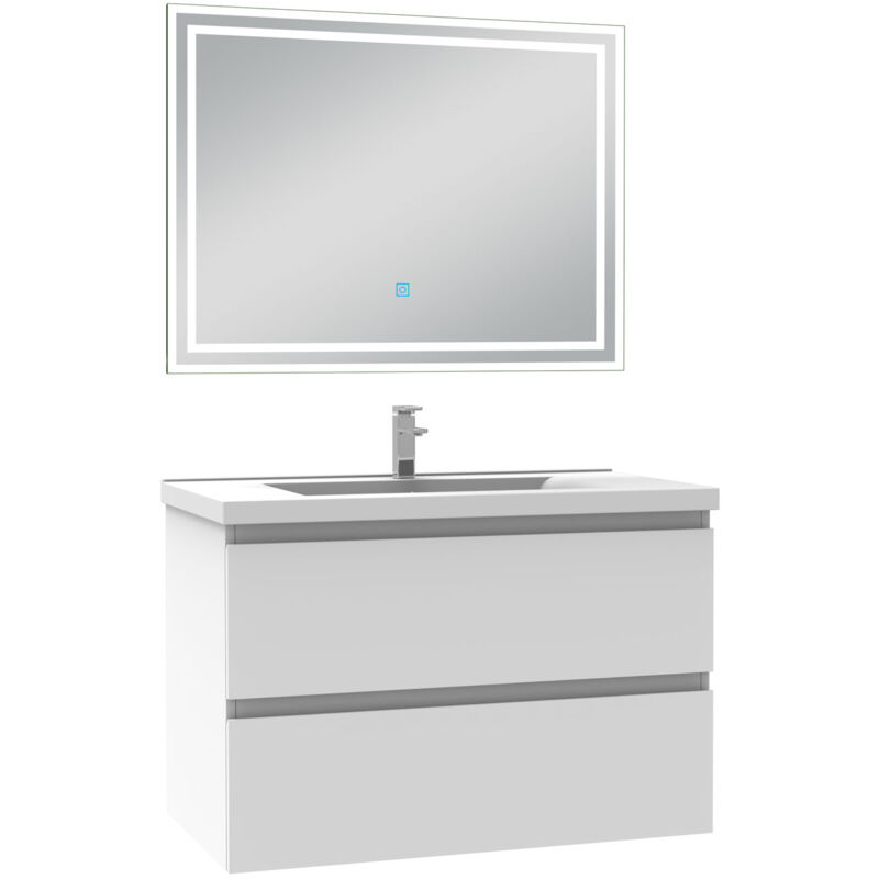 Biubiubath - Ensemble meuble de salle de bain 80cm, vasque céramique et led miroir mural, blanc