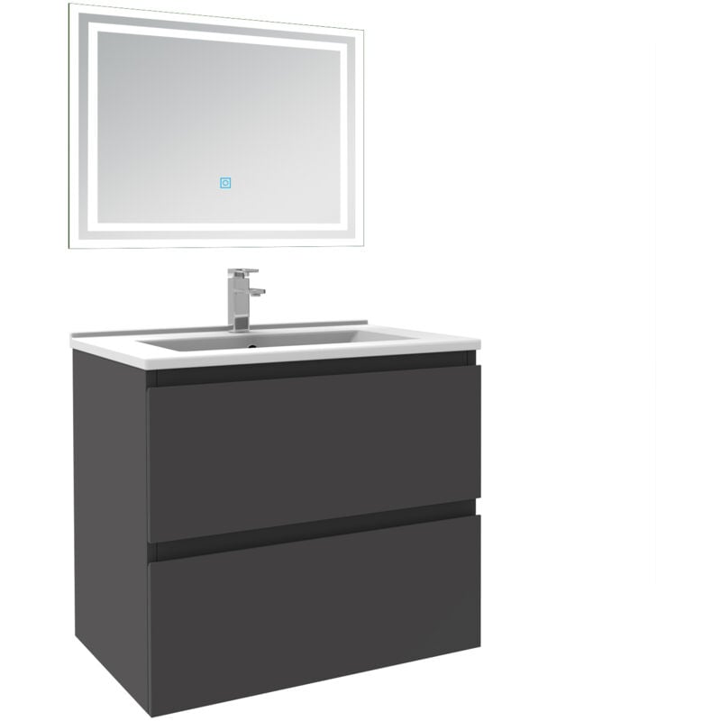 Biubiubath - Ensemble meuble de salle de bain 60cm, vasque céramique et led miroir mural, anthracite