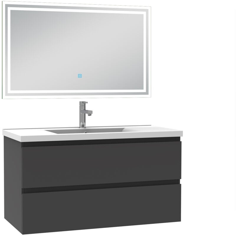 Biubiubath - Ensemble meuble de salle de bain 100cm, vasque céramique et led miroir mural, anthracite