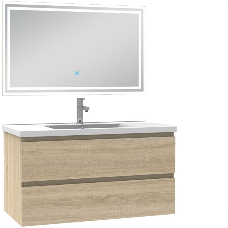 Biubiubath - Ensemble meuble de salle de bain 100cm, vasque céramique et led miroir mural, chêne