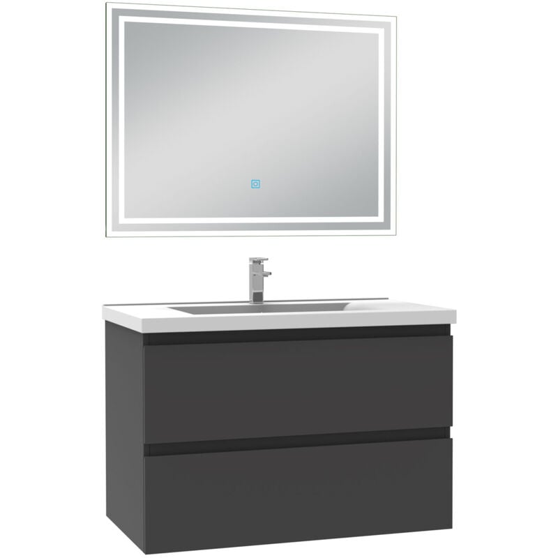 Biubiubath - Ensemble meuble de salle de bain 80cm, vasque céramique et led miroir mural, anthracite