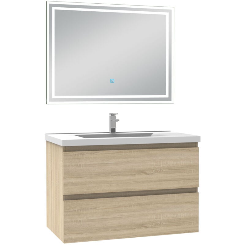 Biubiubath - Ensemble meuble de salle de bain 80cm, vasque céramique et led miroir mural, chêne