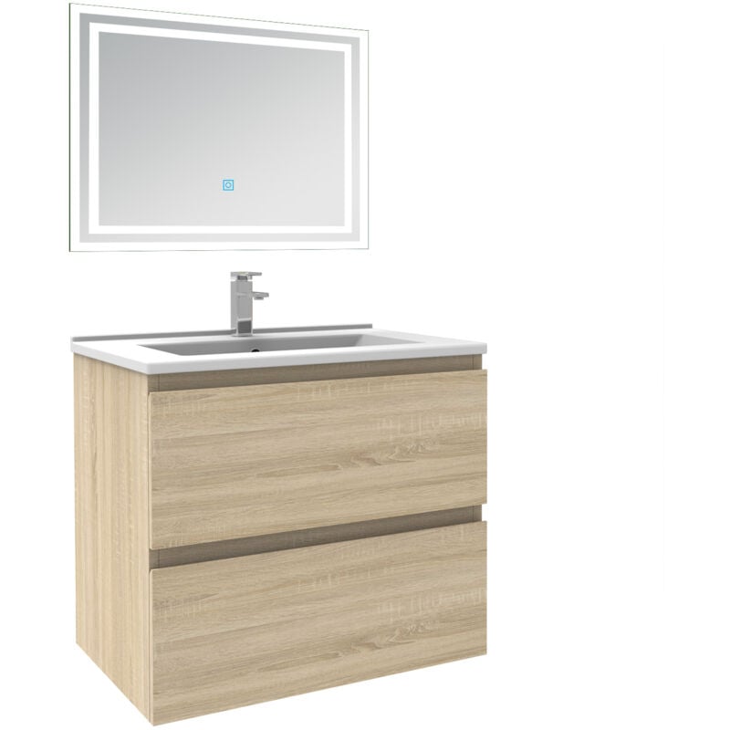 Biubiubath - Ensemble meuble de salle de bain 60cm, vasque céramique et led miroir mural, chêne