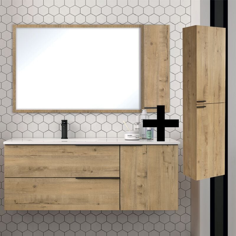 Cosyneo - Ensemble meuble de salle de bain 120cm vasque déportée + colonne de rangement - roble (chêne clair) - king