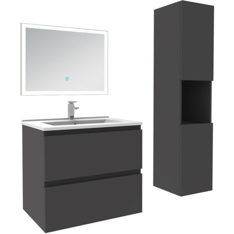 Ensemble meuble de salle de bain 60cm, vasque céramique + colonne haut + miroir lumineux, anthracite