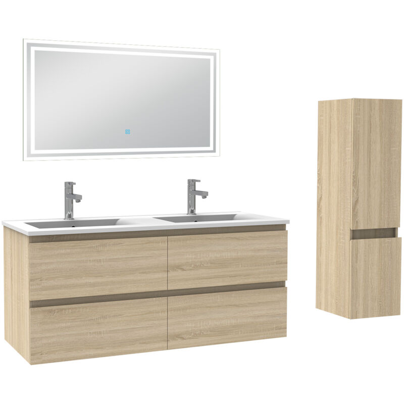 Biubiubath - Ensemble meuble de salle de bain 120cm, vasque céramique + colonne + led miroir rectangulaire, chêne