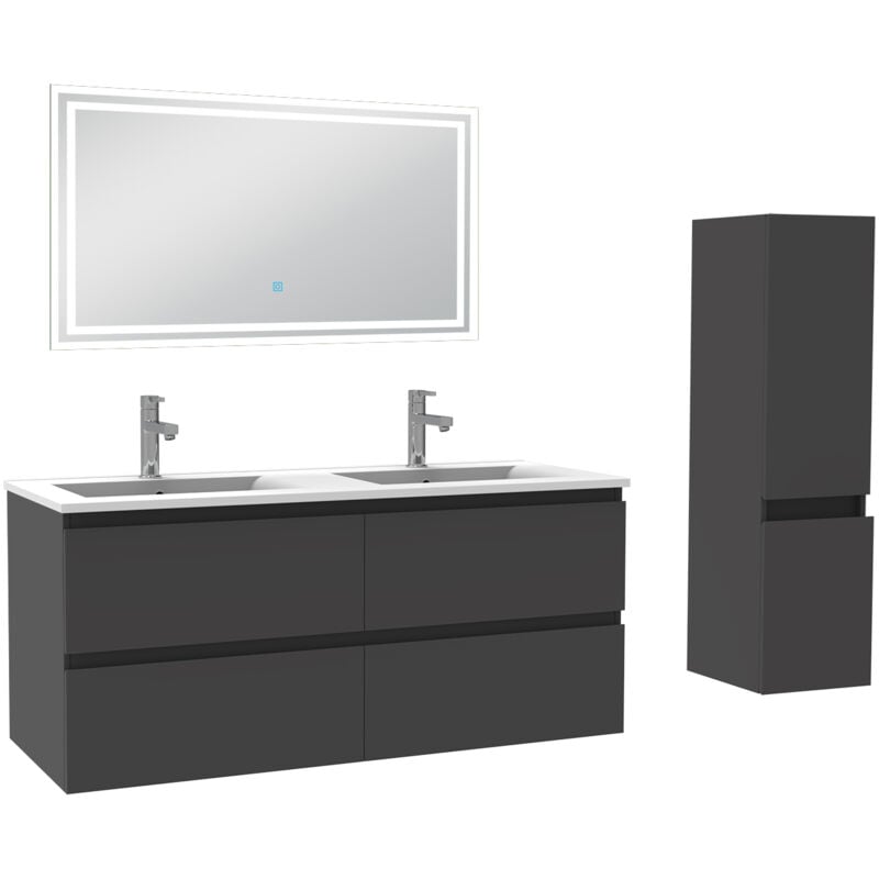 Biubiubath - Ensemble meuble de salle de bain 120cm, vasque céramique + colonne + led miroir rectangulaire, anthracite