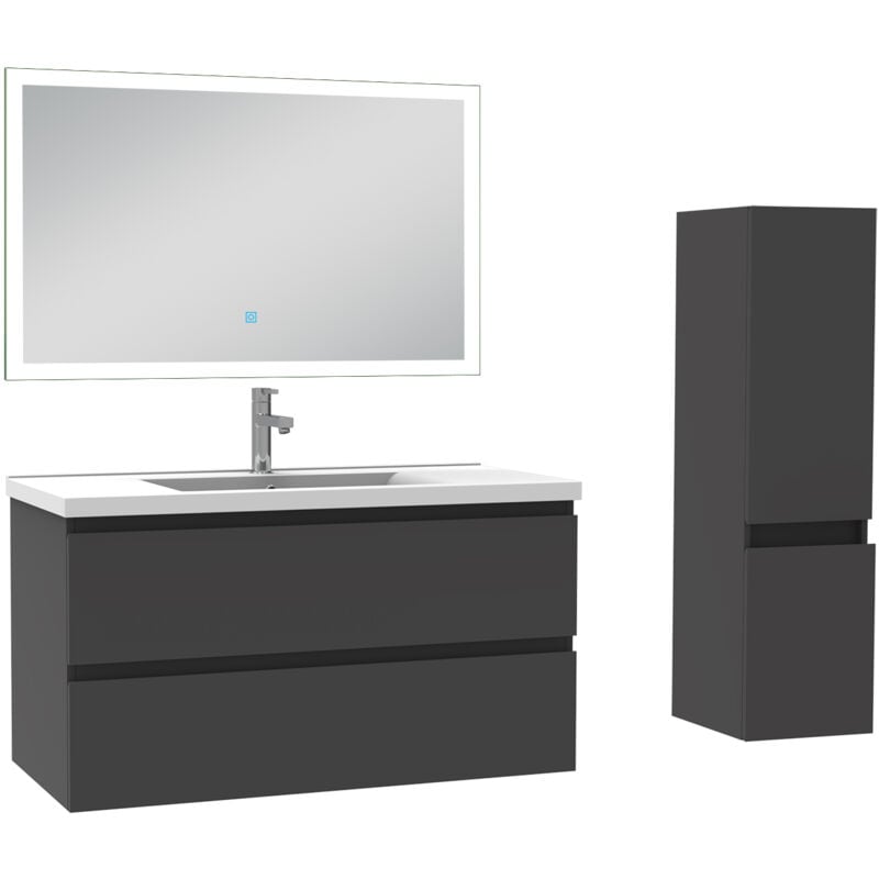 Ensemble meuble de salle de bain 100cm, vasque céramique + colonne + miroir lumineux, anthracite