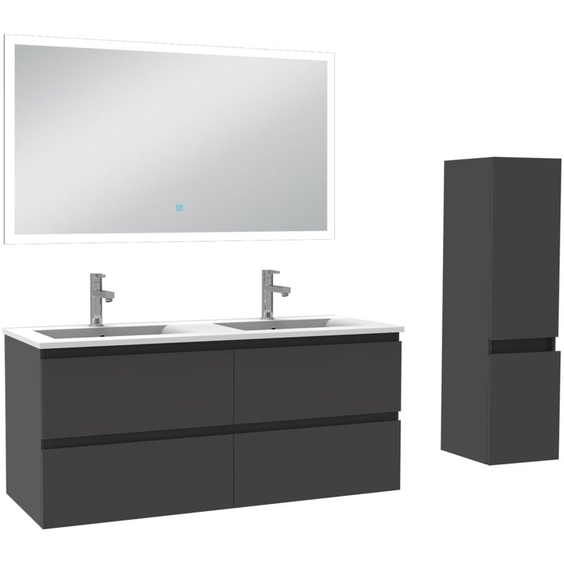 Biubiubath - Ensemble meuble de salle de bain 120cm, vasque céramique + colonne + miroir lumineux, anthracite