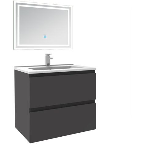 Ensemble meuble de salle de bain 60cm, vasque céramique et LED miroir mural, anthracite