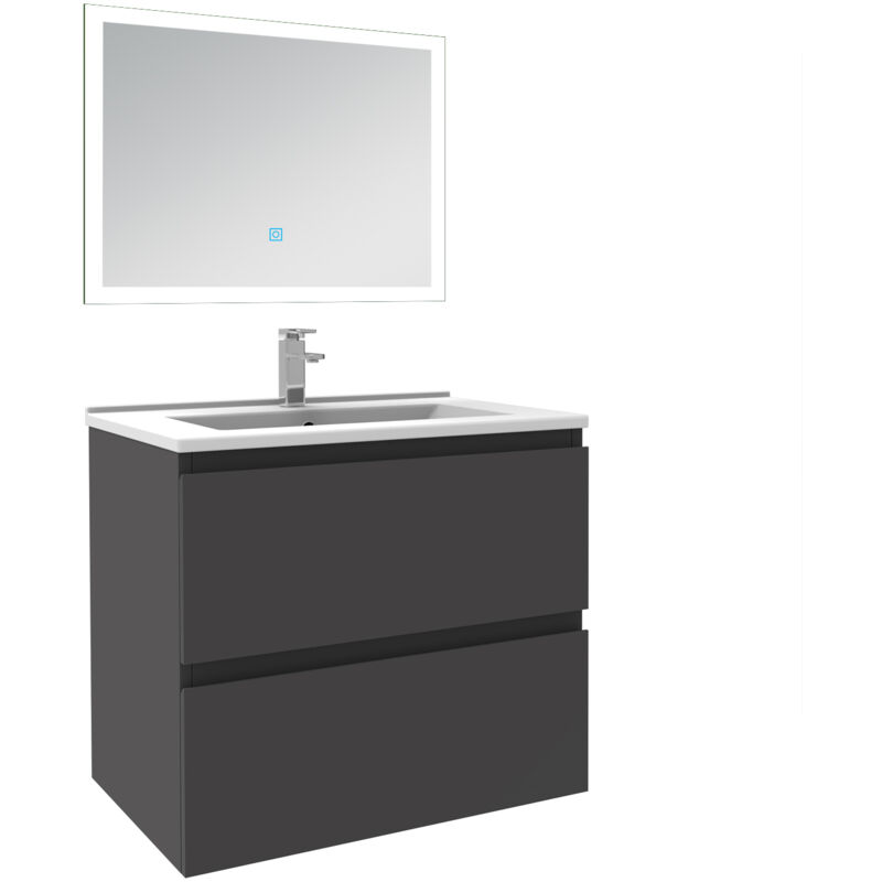 Biubiubath - Ensemble meuble de salle de bain 60cm, vasque céramique et led miroir rectangulaire, anthracite