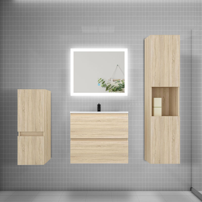 Biubiubath - Ensemble meuble de salle de bain 60cm, vasque + colonne + led miroir rectangulaire,chêne