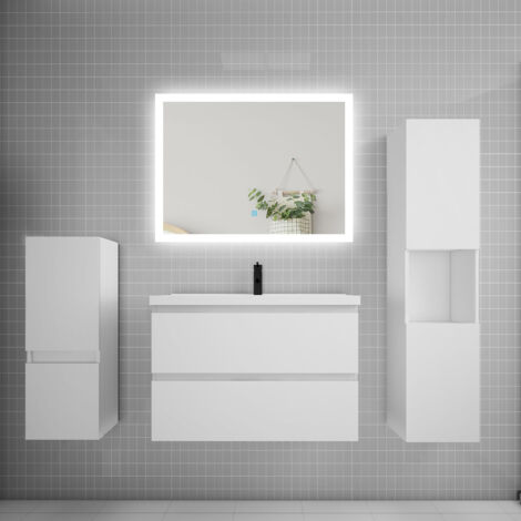 Ensemble meuble de salle de bain 80cm, simple vasque + colonne + LED miroir rectangulaire,blanc
