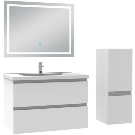 Ensemble meuble de salle de bain 80cm, vasque céramique + colonne bas + LED miroir mural, blanc