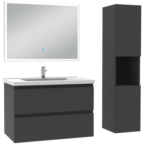 Ensemble meuble de salle de bain 80cm, vasque céramique + colonne haut + miroir lumineux, anthracite