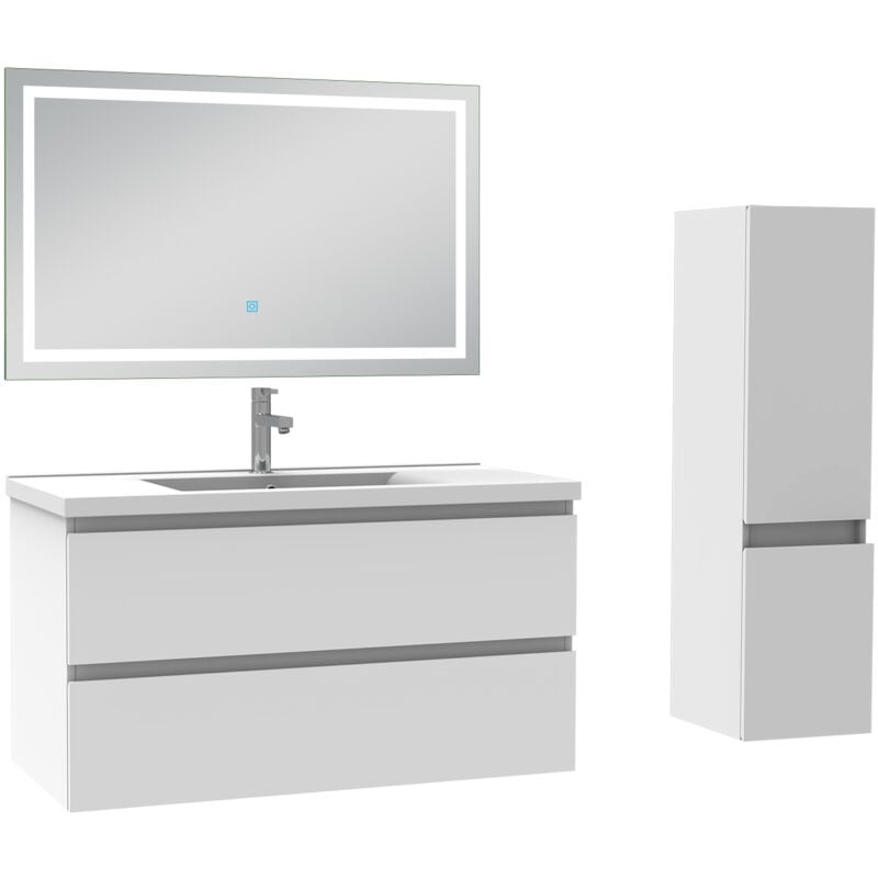 Biubiubath - Ensemble meuble de salle de bain 100cm, vasque céramique + colonne + led miroir mural, blanc