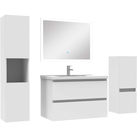 Ensemble meuble de salle de bain 80cm vasque + colonne de rangement + miroir Blanc