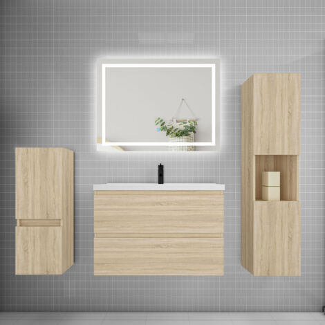 Ensemble meuble de salle de bain 80cm, vasque + colonne + LED miroir,chêne