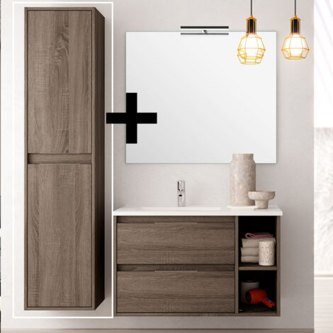 Ensemble meuble de salle de bain 80cm vasque déportée + colonne de rangement - Britannia (chêne foncé) - OLYMPE