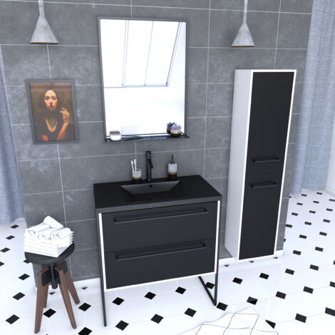 ensemble meuble de salle de bain 80x50 cm - vasque noir effet pierre + colonne noir mat + miroir