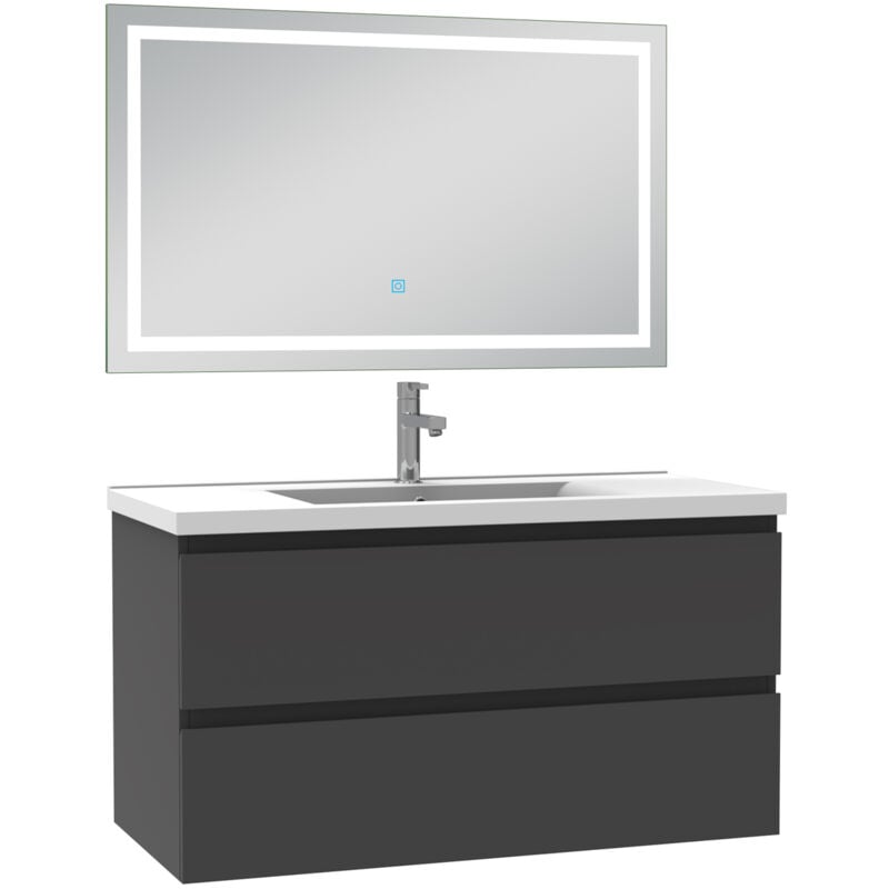 Biubiubath - Ensemble meuble de salle de bain avec tiroirs 100cm, vasque céramique et led miroir, anthracite