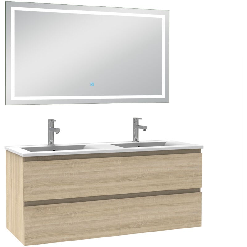 Biubiubath - Ensemble meuble de salle de bain avec tiroirs 120cm, vasque céramique et led miroir, chêne
