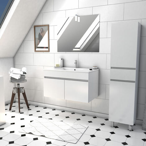 Ensemble meuble de salle de bain suspendu a portes avec vasque et miroir avec applique LED et meuble colonne sur pied - existe en plusieurs couleurs en 80 et 60cm