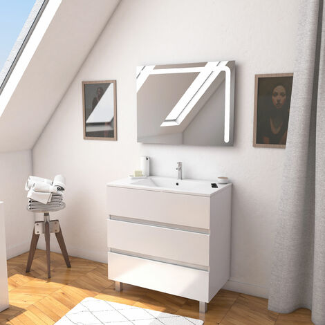 main image of "Ensemble Meuble de salle de bain blanc 80 cm sur pied 3 tiroirs + vasque ceramique blanche + miroir"