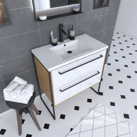ensemble meuble de salle de bain blanc 80cm + vasque en résine blanche 80x50 + tiroirs blanc mat
