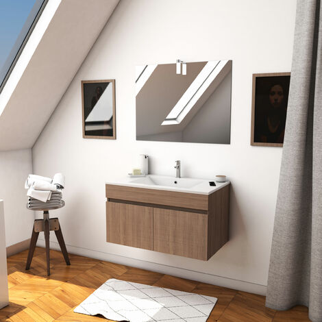 Ensemble meuble de salle de bain suspendu a portes avec vasque et miroir avec applique LED - existe en plusieurs couleurs en 80 et 60cm