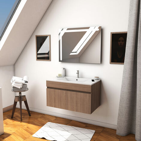 Ensemble meuble de salle de bain 80cm suspendu a portes avec vasque et miroir LED integree - existe en plusieurs couleurs