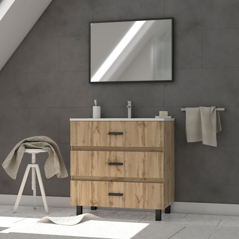 Aurlane - Meuble de salle de bain 80 cm - Chêne industriel - 3 Tiroirs - Vasque et Miroir