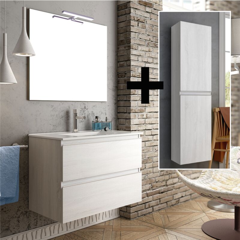 Ensemble meuble de salle de bain 100cm simple vasque + colonne de rangement - hibernian (bois blanchi) - BALEA
