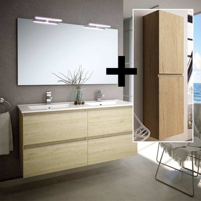 Cosyneo - Ensemble meuble de salle de bain 140cm double vasque + colonne de rangement - bambou (chêne clair) - balea