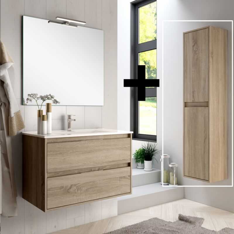 Cosyneo - Ensemble meuble de salle de bain 80cm simple vasque + colonne de rangement - cambrian (chêne clair) - iris